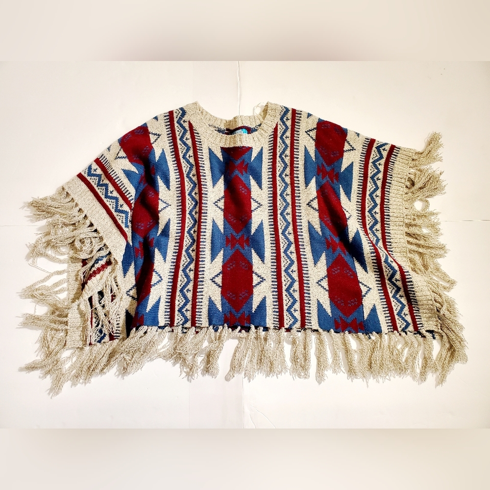 Boho Fringe Poncho Sweater in Cream, Red & Blue